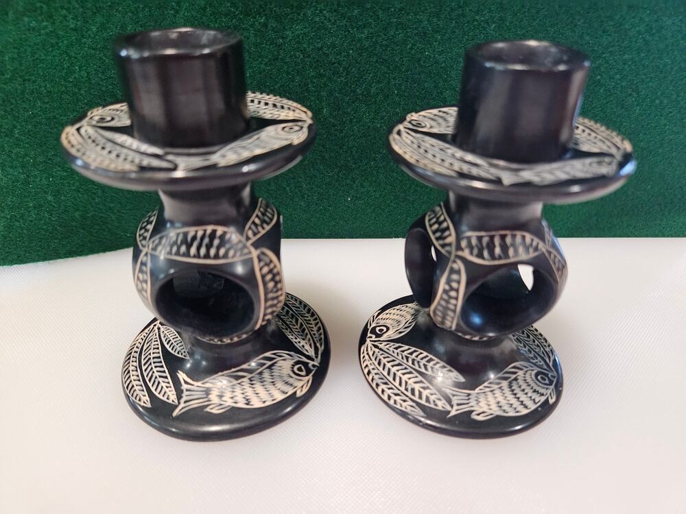 Vintage set of hand carved black soapstone candleholder Fish and Leaf Motif